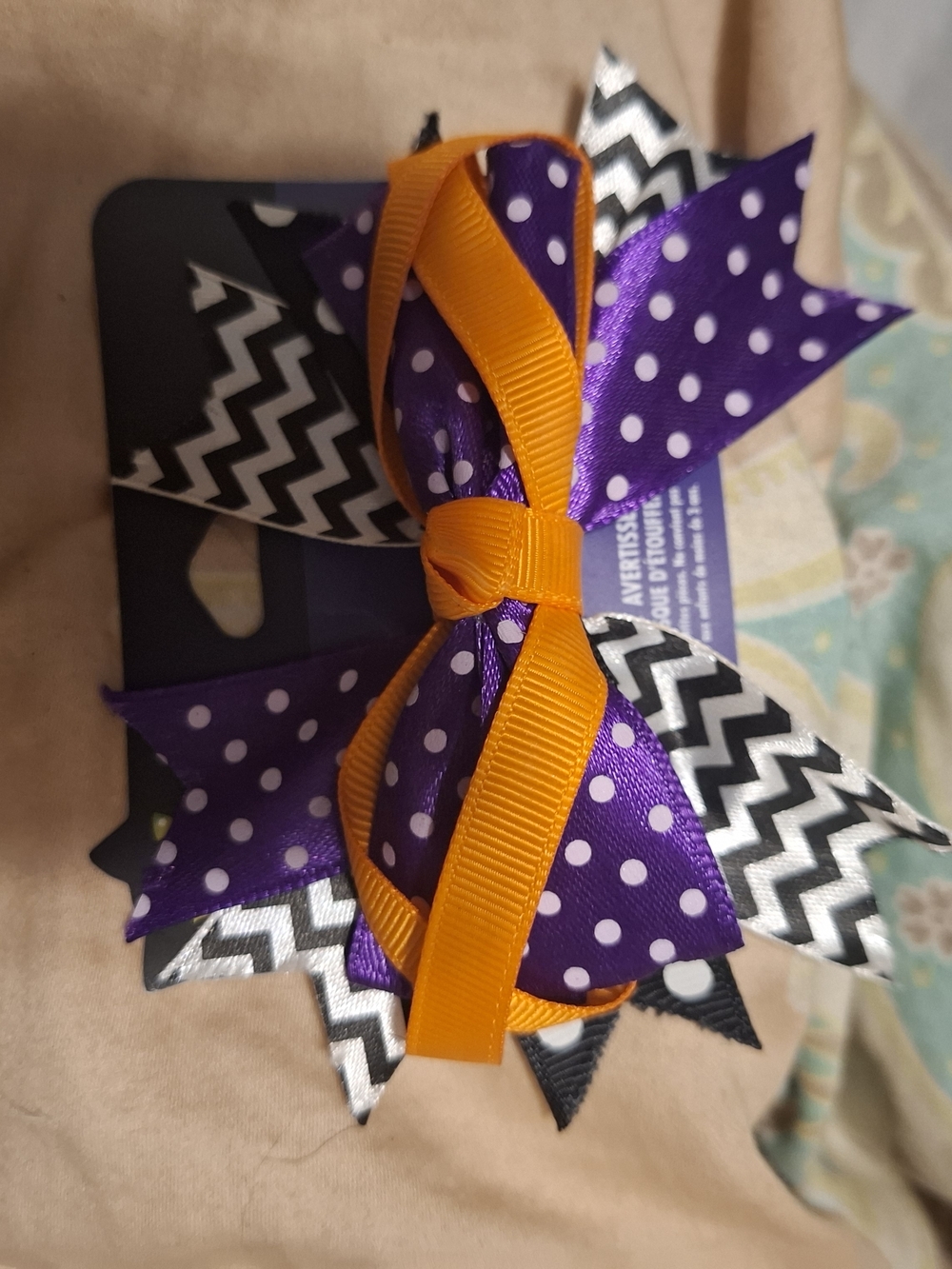 Claire's Purple Polka Dot & Orange Layered Hair Bow with Chevron Accent